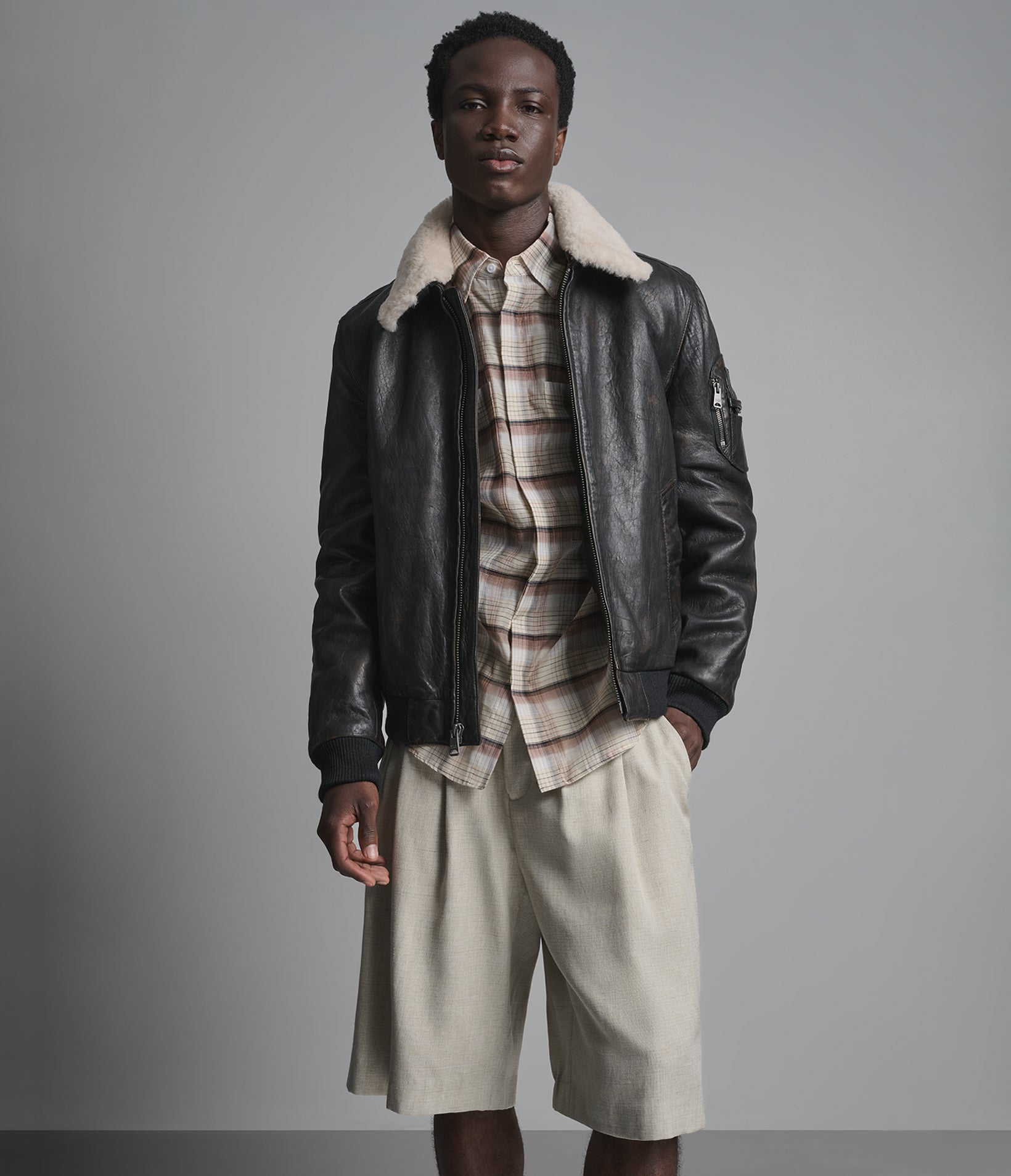 Jimmy Leather Aviator Bomber Jacket With Shearling Collar