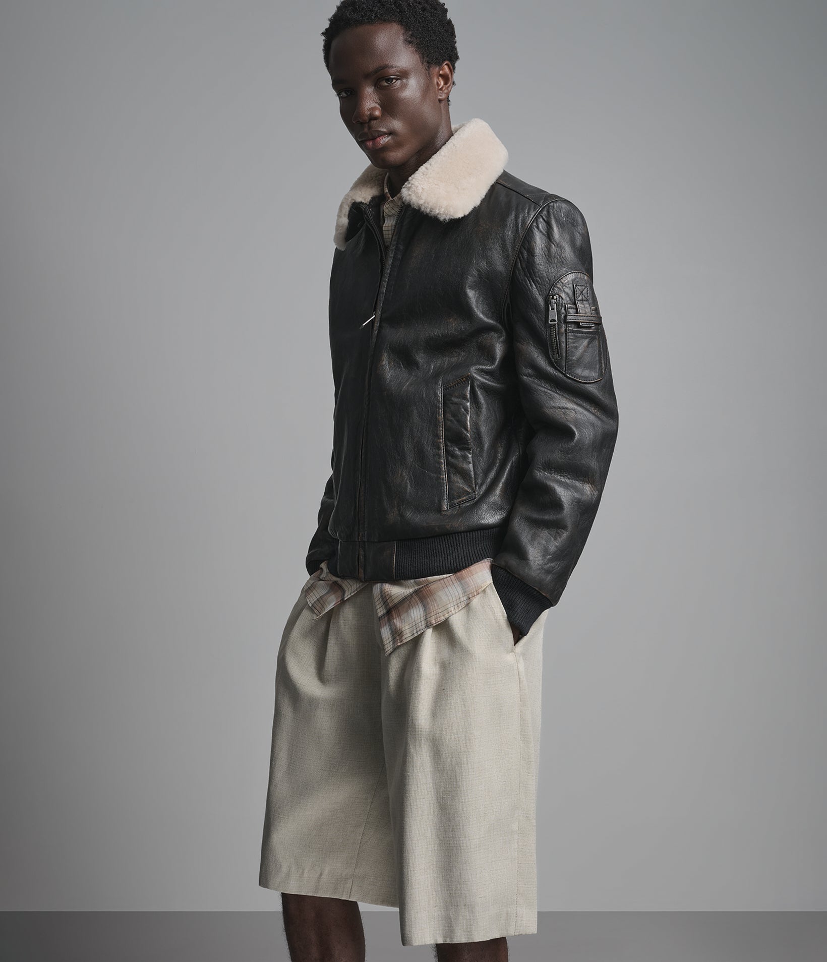 Jimmy Leather Aviator Bomber Jacket With Shearling Collar