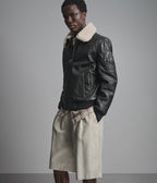 Jimmy Leather Aviator Bomber Jacket With Shearling Collar