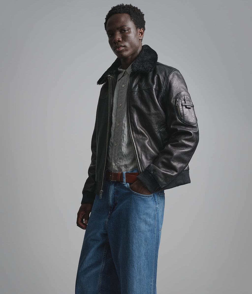 Ace Leather Bomber Jacket with Shearling Collar