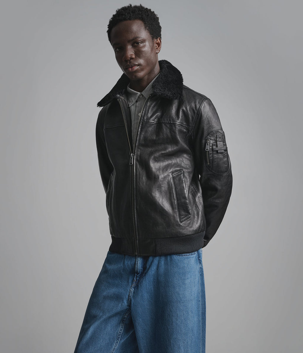Ace Leather Bomber Jacket with Shearling Collar