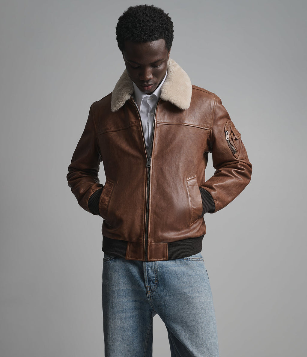Ace Leather Bomber Jacket with Shearling Collar
