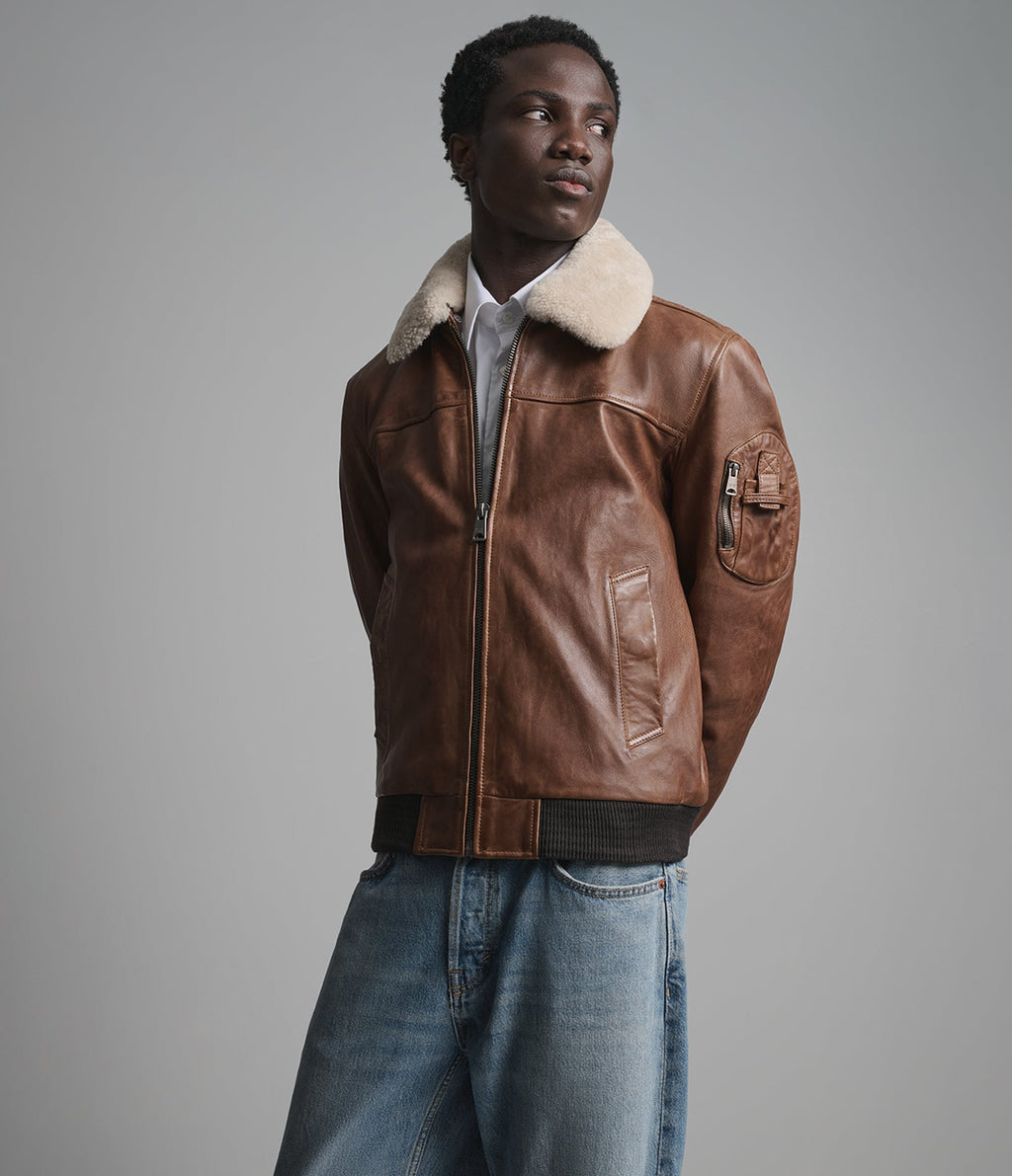Ace Leather Bomber Jacket with Shearling Collar