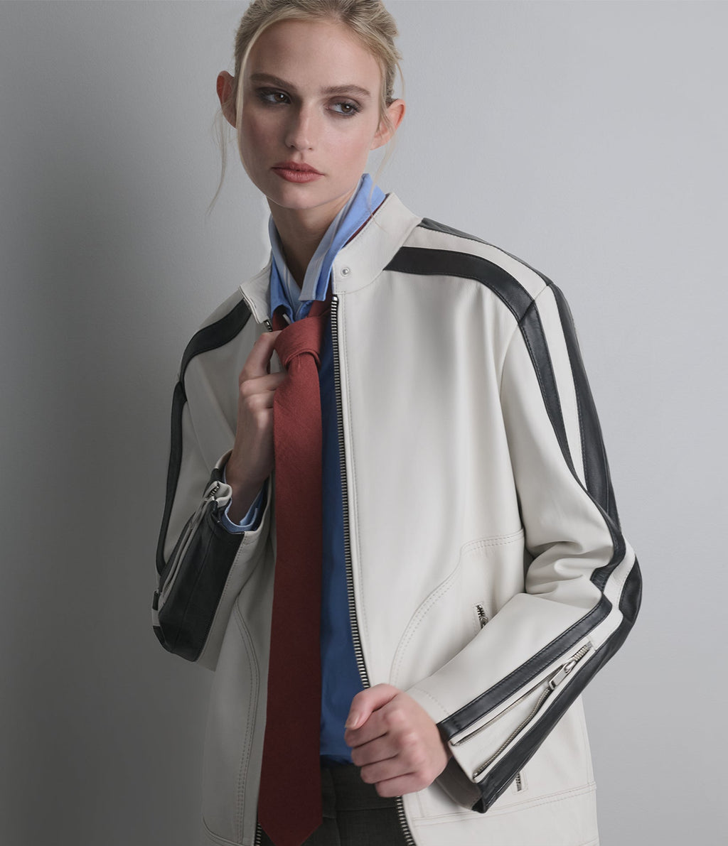 Gianna Leather Striped Racer Jacket