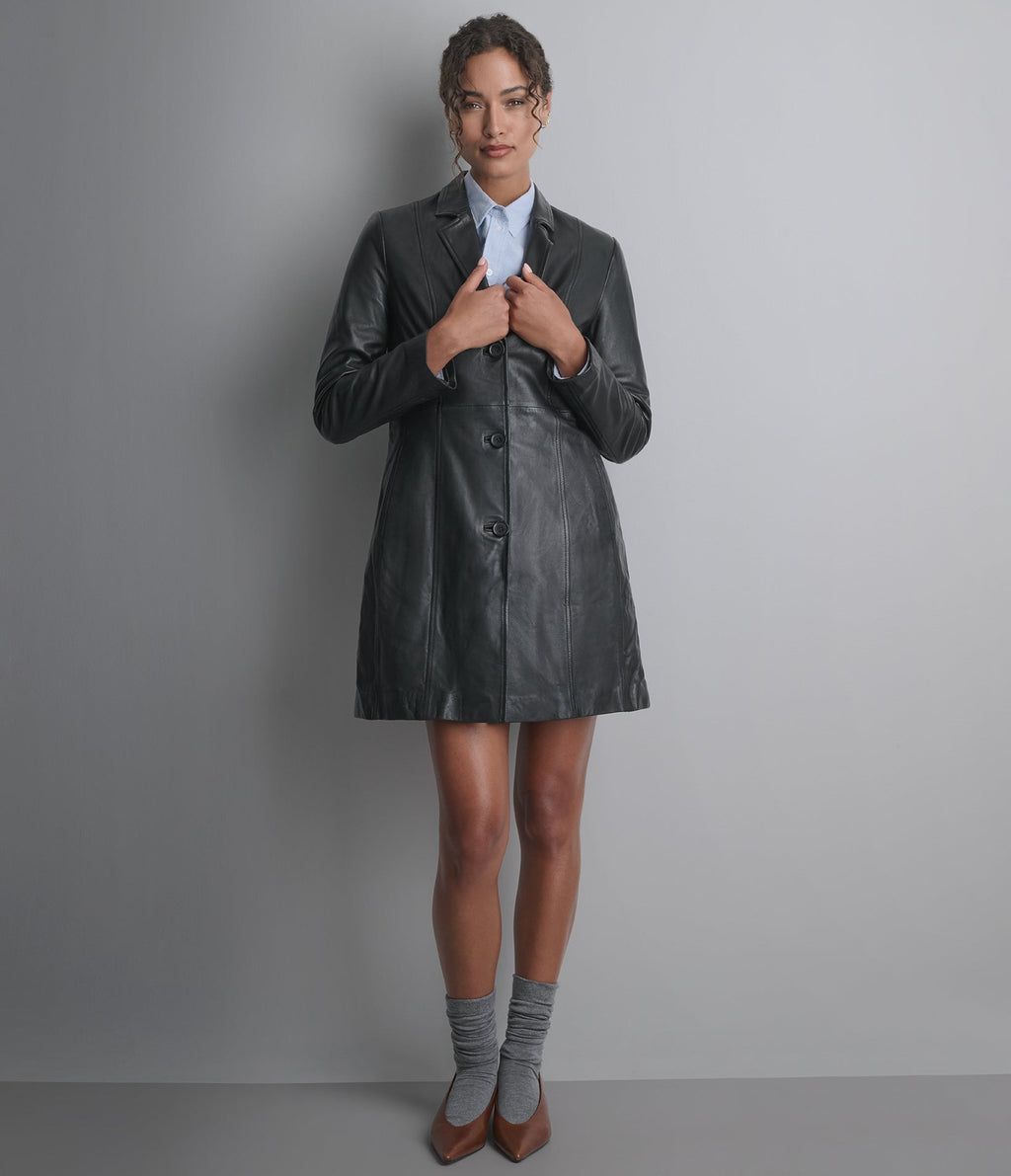 Nora Button Down Leather Trench Coat