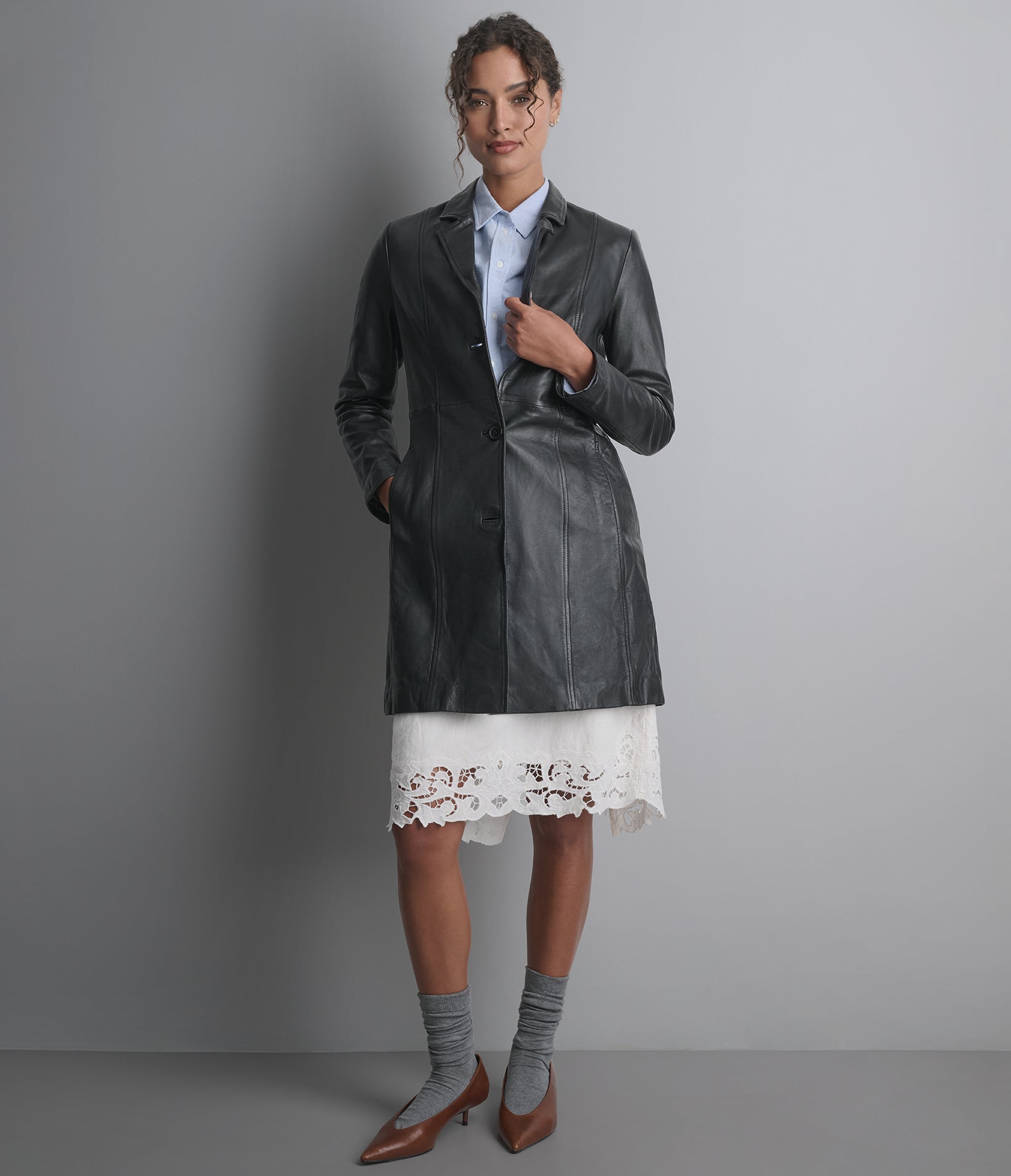 Nora Button Down Leather Trench Coat