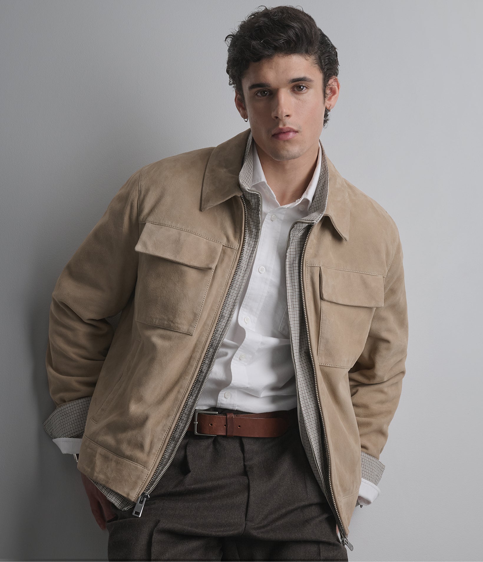 Banks Suede Zip Shirt Jacket in Sand, detail
