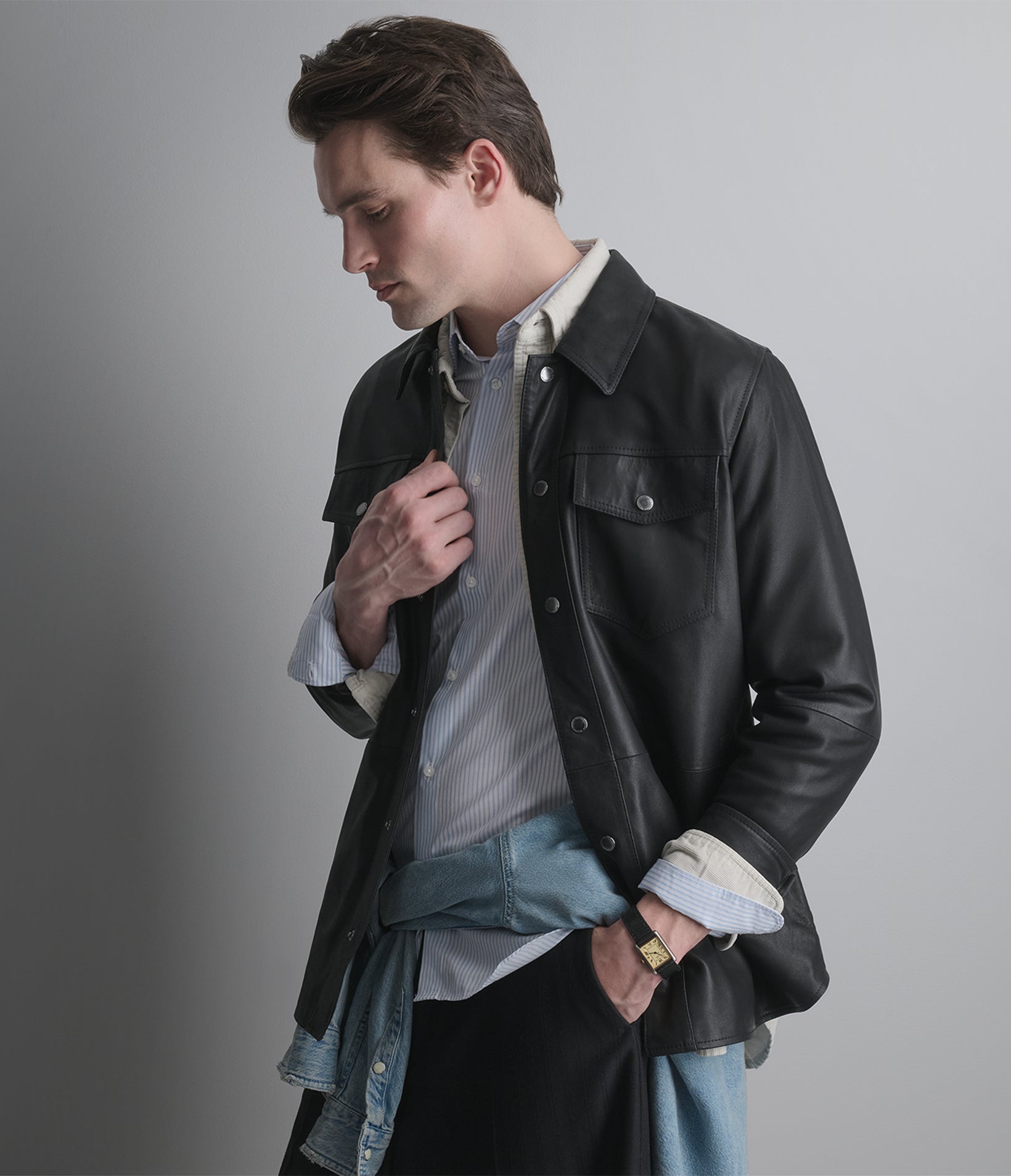 Wren Lightweight Leather Snap Front Shirt Jacket