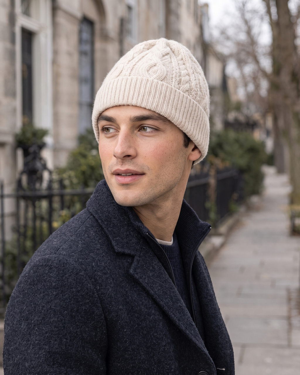 Men's Thick-Knit Cashmere Beanie — lifestyle [WB final 4:5 20]