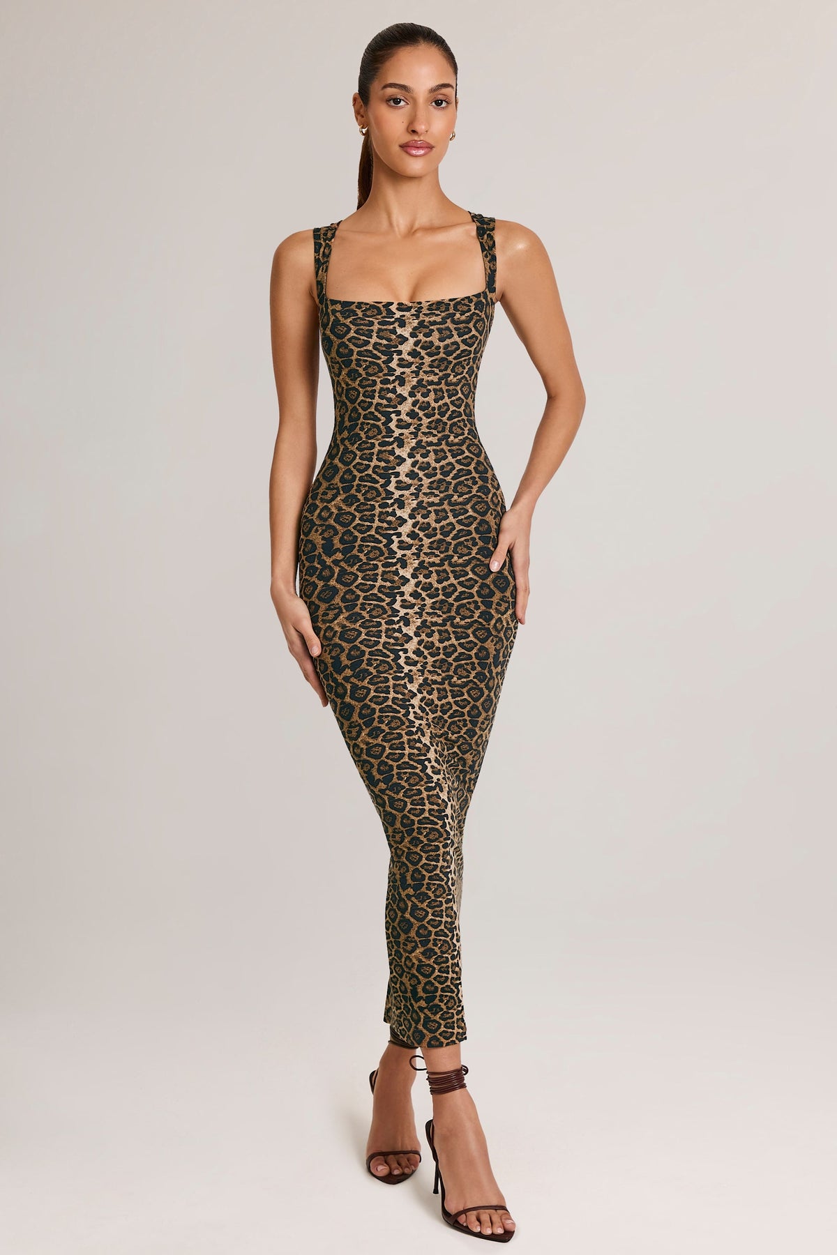 Women's Modal Square-Neck Bodycon Midi Dress in Leopard Print — Dress
