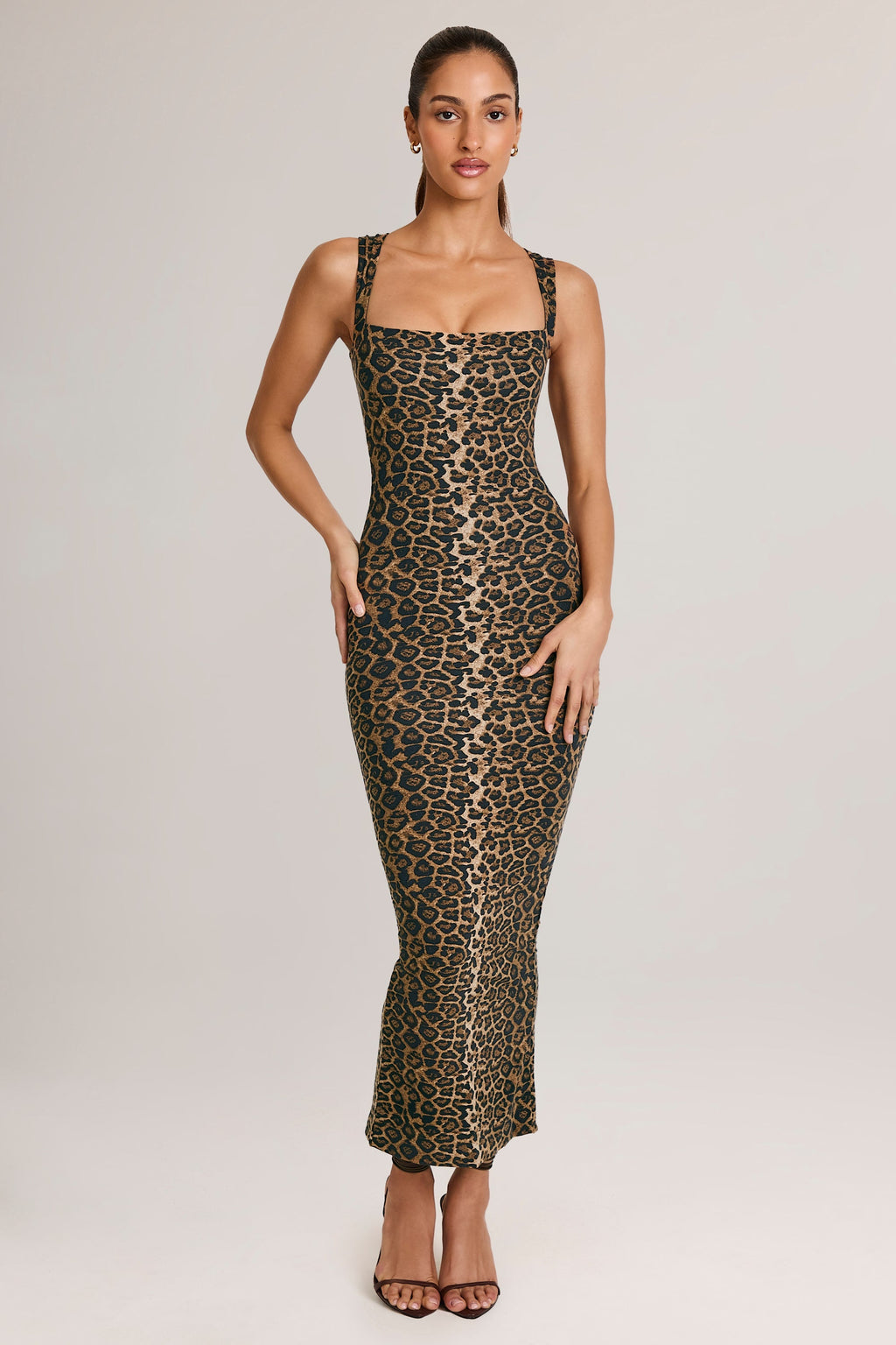 Women's Modal Square-Neck Bodycon Midi Dress in Leopard Print — Dress