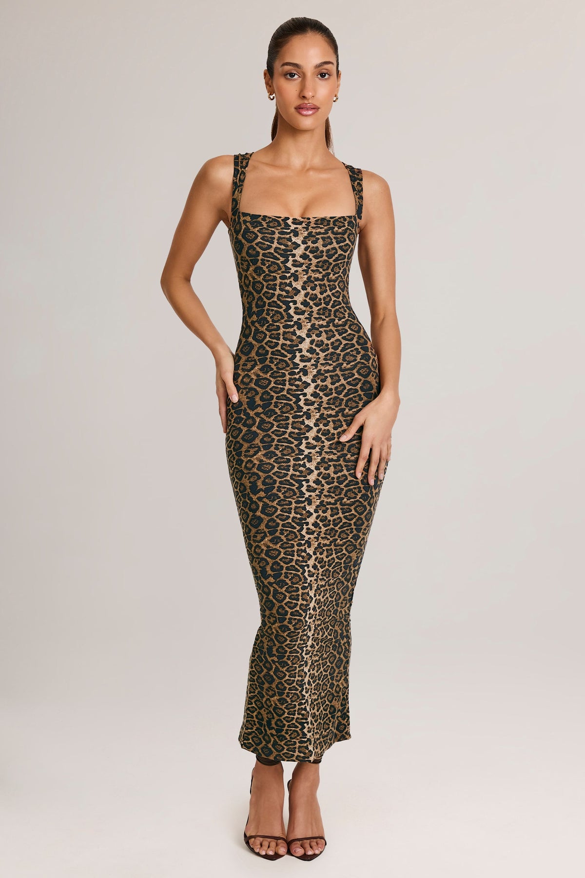 Women's Modal Square-Neck Bodycon Midi Dress in Leopard Print — Dress