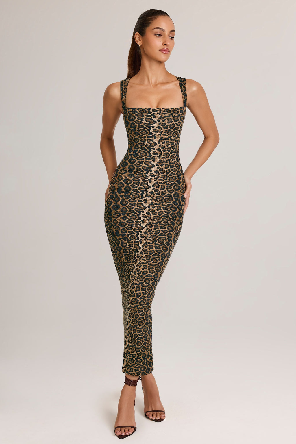 Women's Modal Square-Neck Bodycon Midi Dress in Leopard Print — Dress