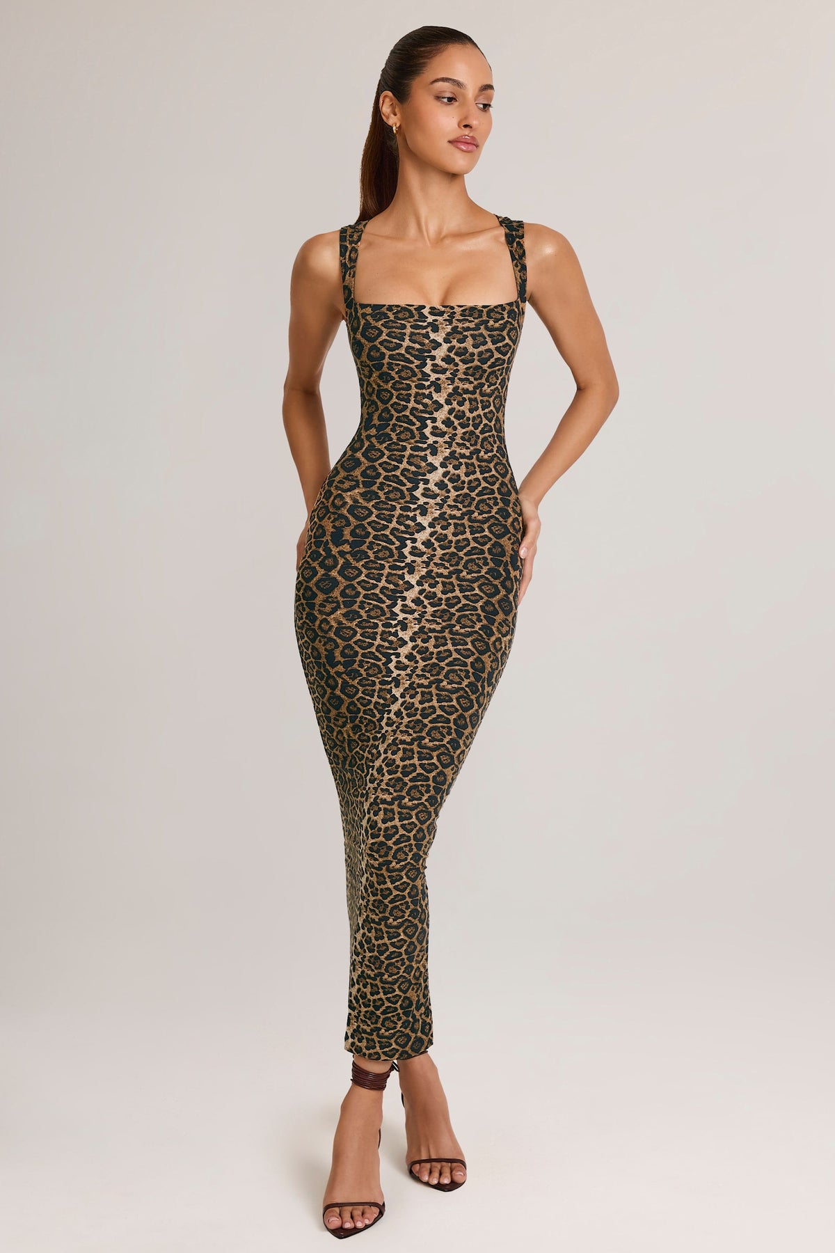 Women's Modal Square-Neck Bodycon Midi Dress in Leopard Print — Dress