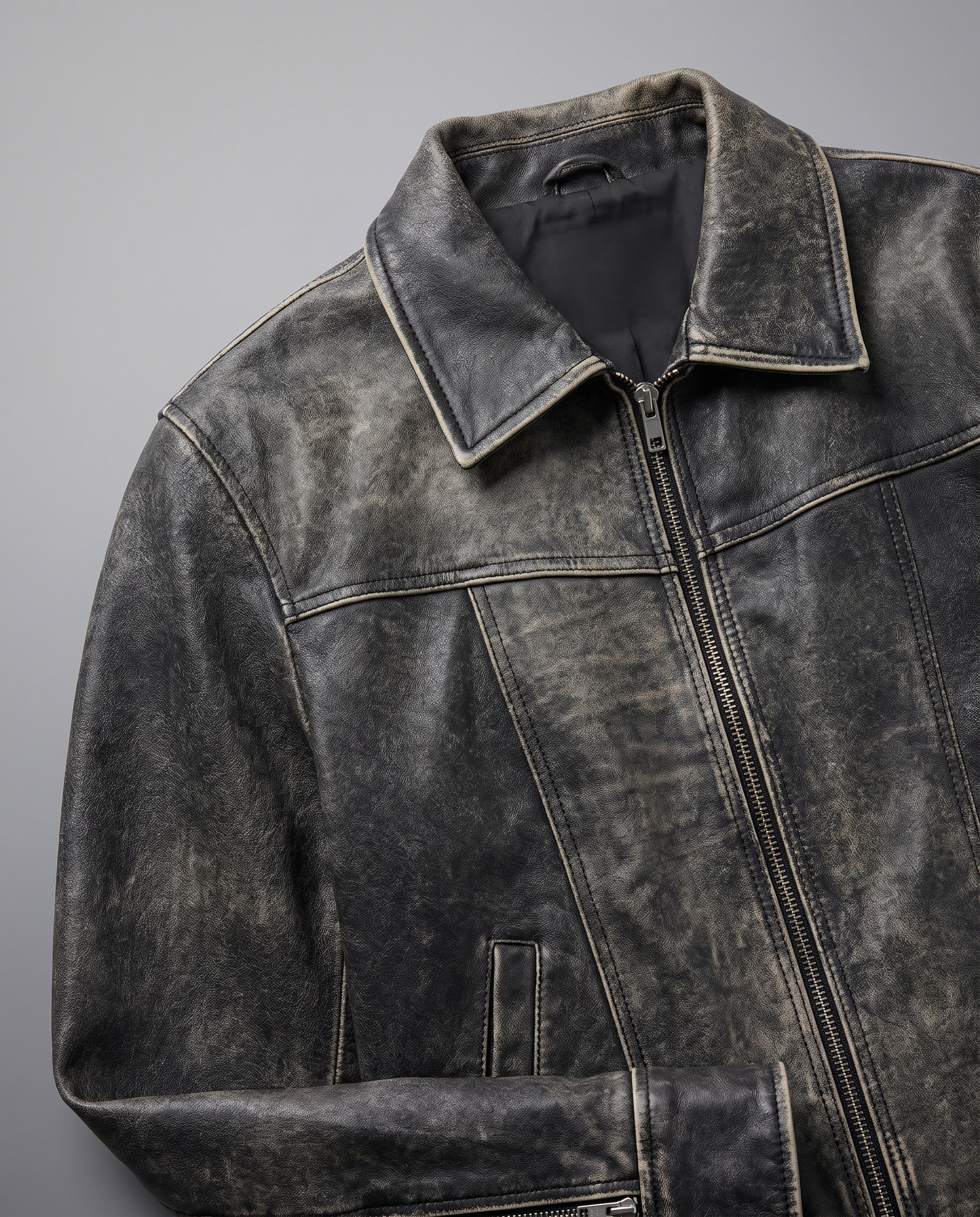 Aria Distressed Charcoal Leather Western Jacket leather construction detail