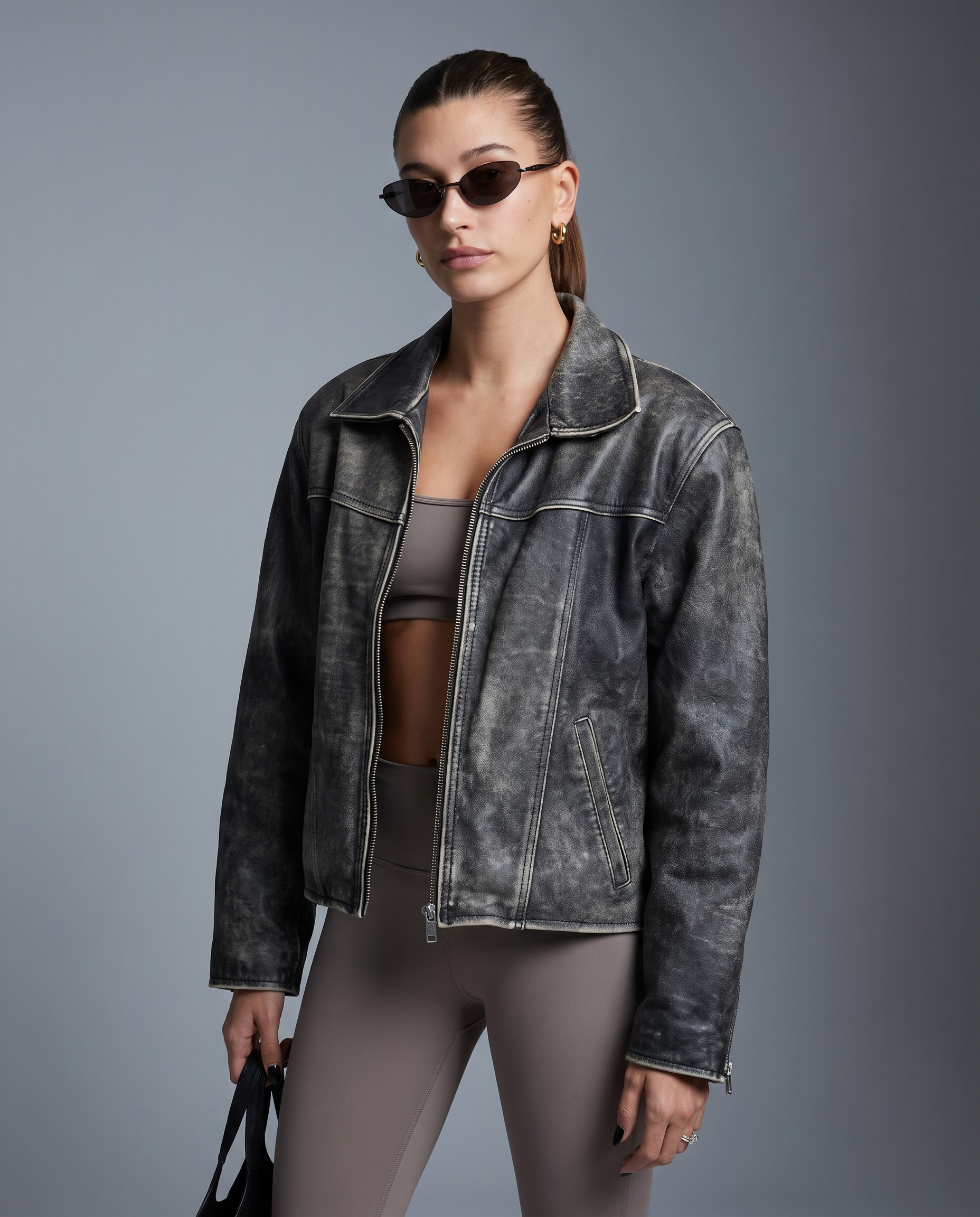 Aria Distressed Charcoal Leather Western Jacket front three-quarter studio view