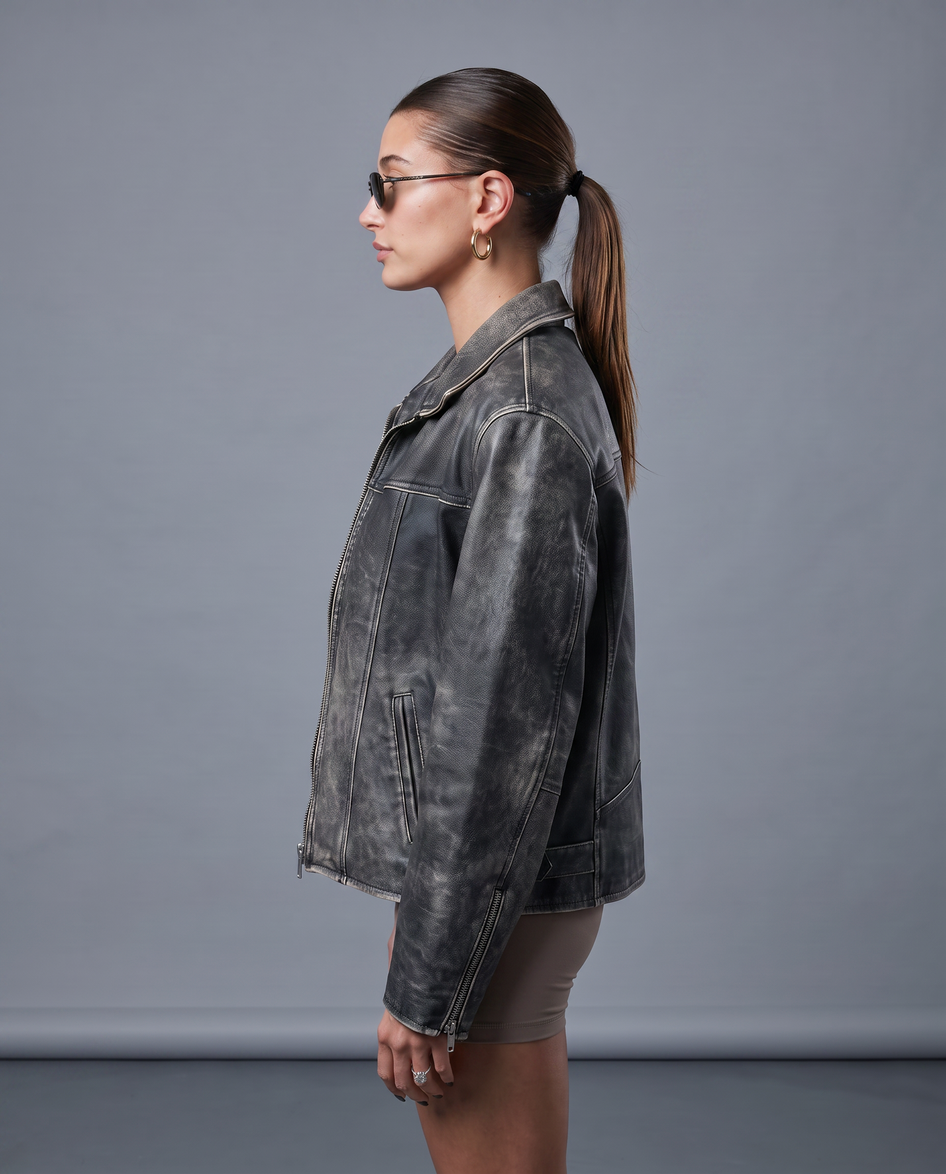 Aria Distressed Charcoal Leather Western Jacket side profile studio view