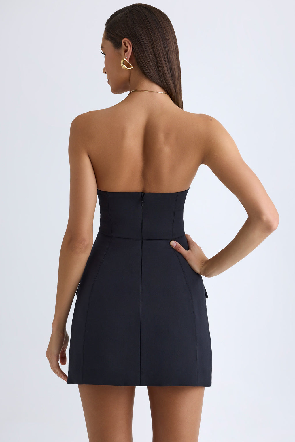 Women's Strapless Structured Tulip Mini Dress in Black — Dress
