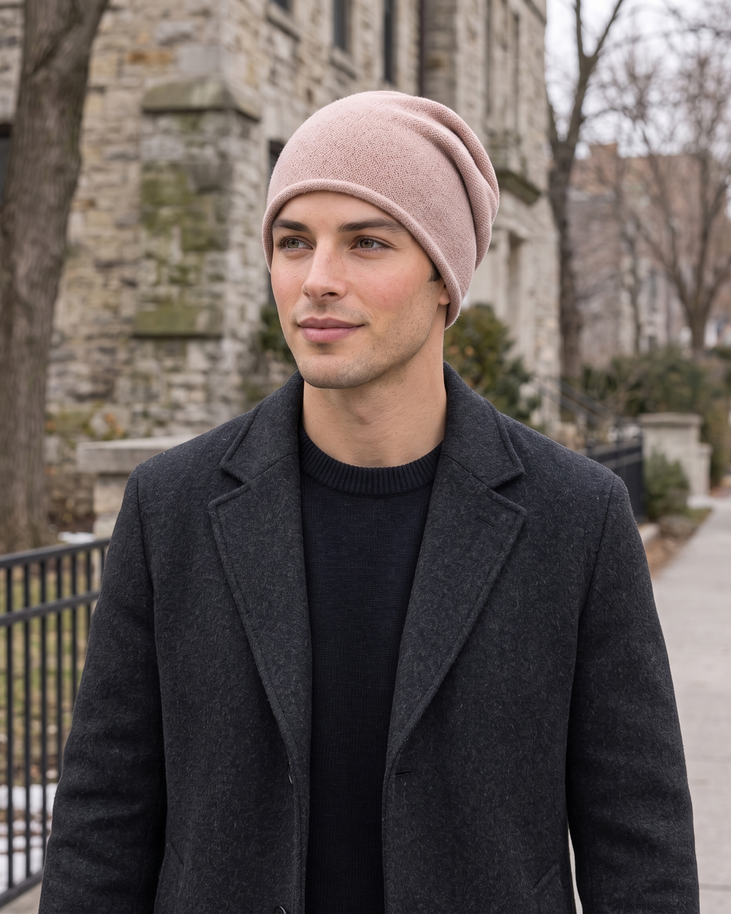 Men's Everyday Knit Beanie — Lotus Pink / 50 × 27 cm — lifestyle — wb-gender-final-148