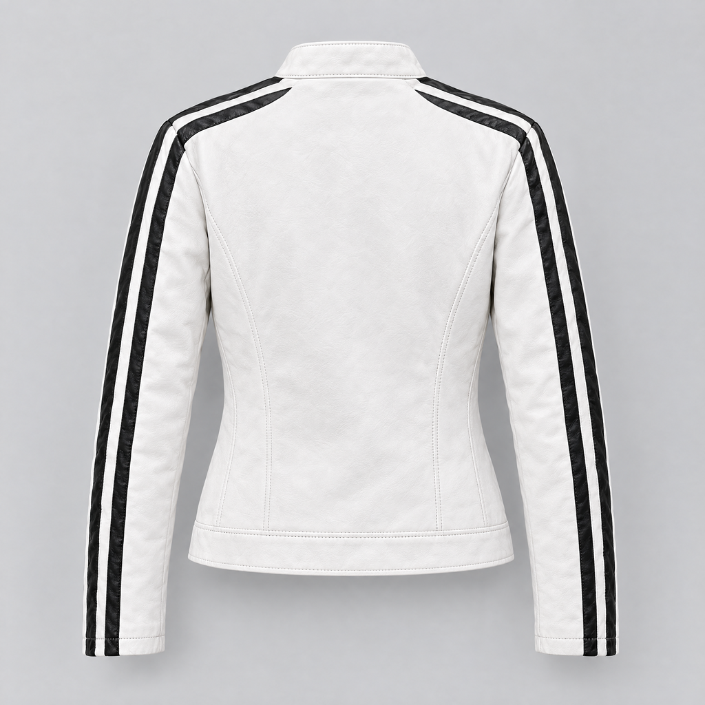 Women's Gianna Leather Striped Racer Jacket — Wht/Black — product-back