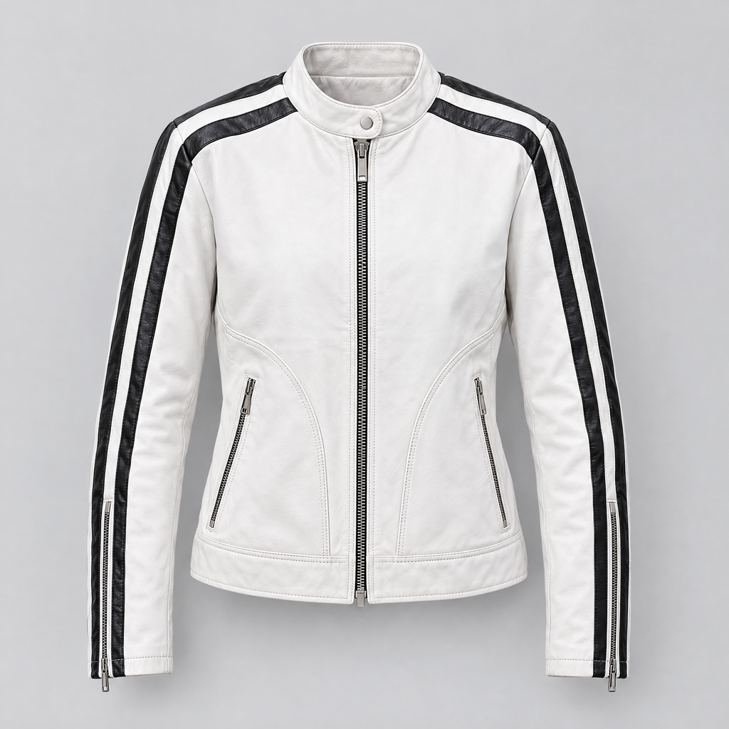 Women's Gianna Leather Striped Racer Jacket — Wht/Black — product-front