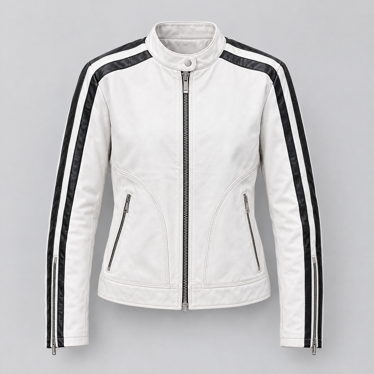 Women's Gianna Leather Striped Racer Jacket — Wht/Black — product-front