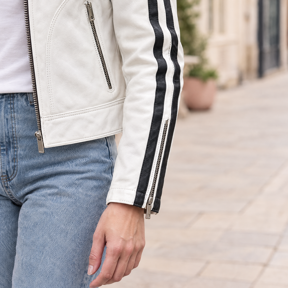 Women's Gianna Leather Striped Racer Jacket — Wht/Black — sleeve-detail