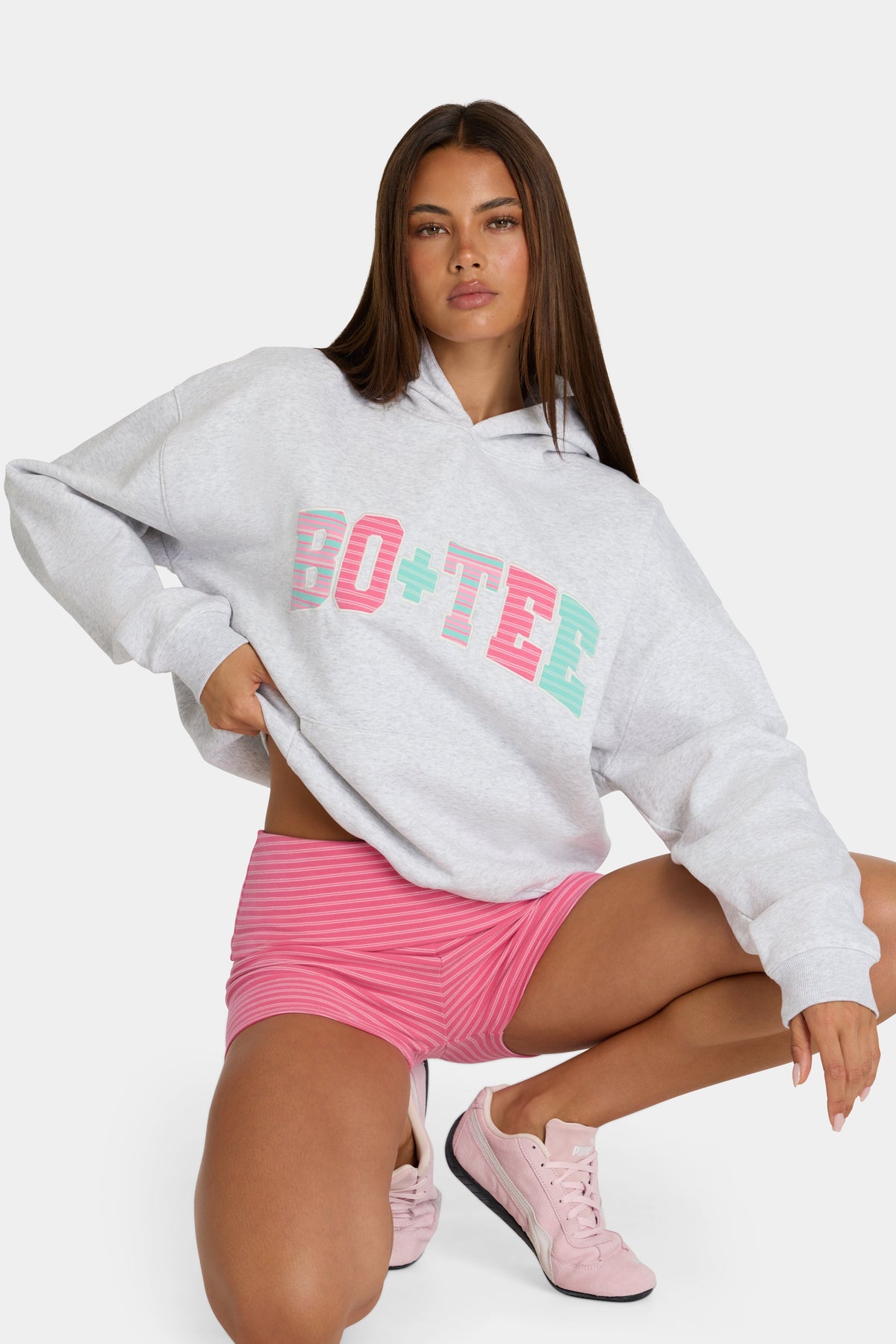 Women's Oversized Applique Hoodie in Grey Marl Stripe — Sweater