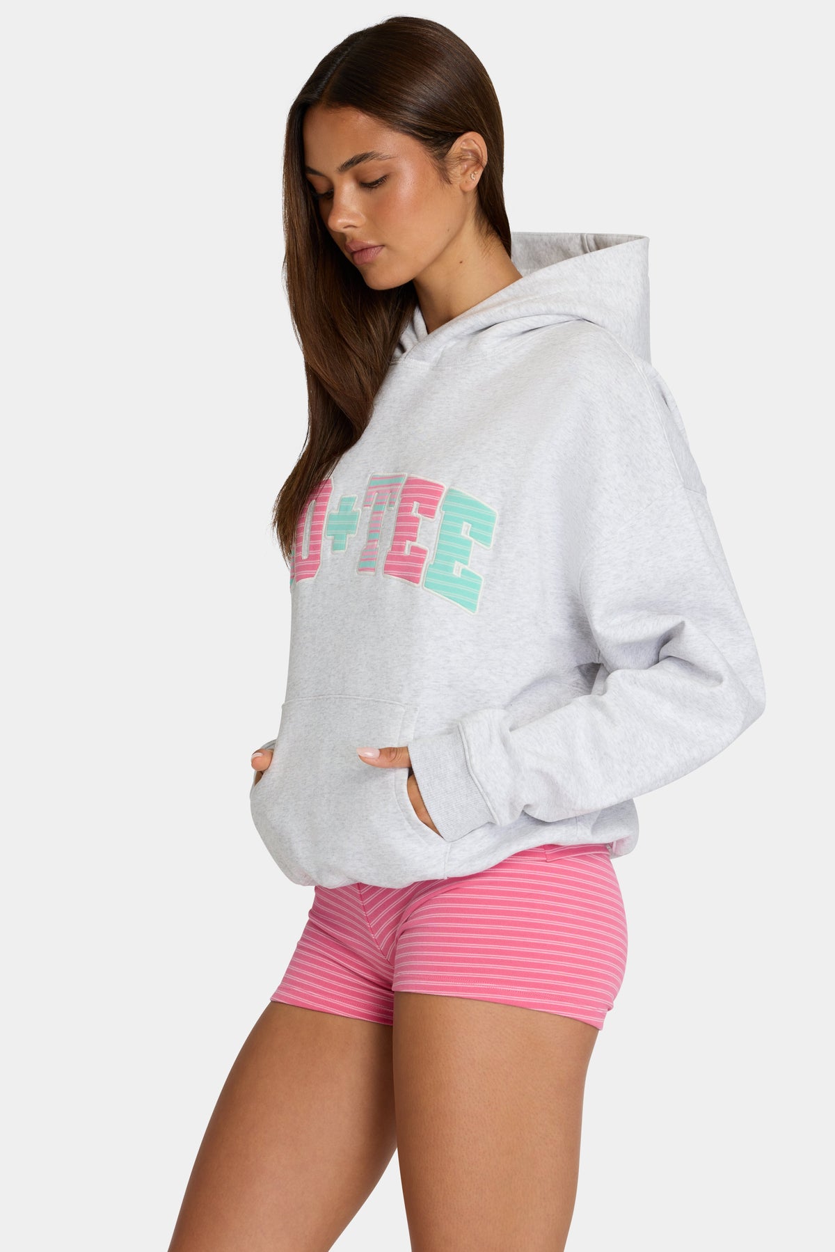 Women's Oversized Applique Hoodie in Grey Marl Stripe — Sweater