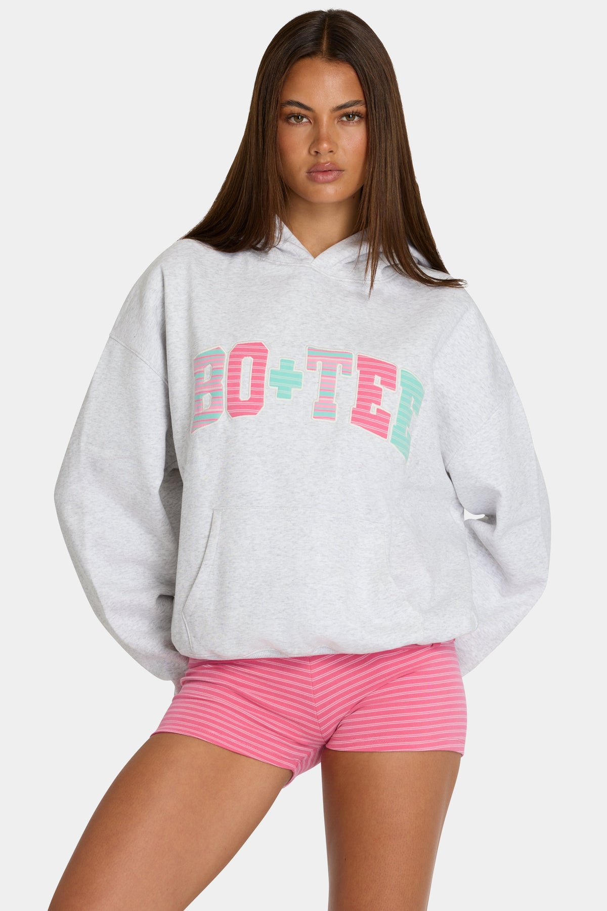 Women's Oversized Applique Hoodie in Grey Marl Stripe — Sweater