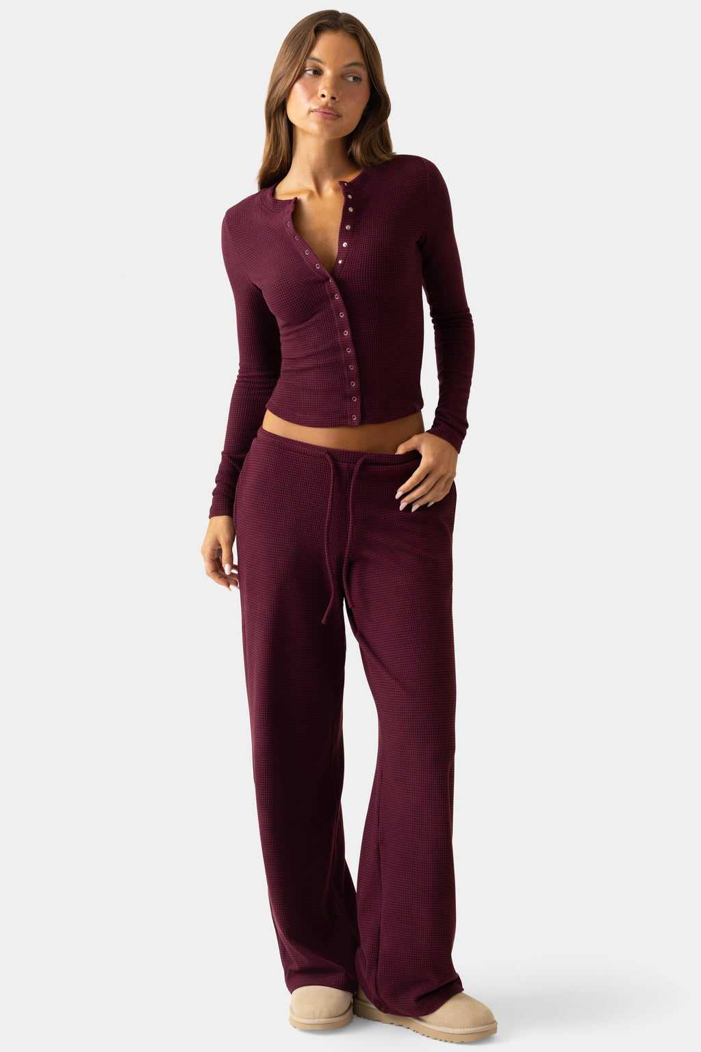 Women's Ribbed Jersey Crewneck Cardigan in Burgundy — Sweater