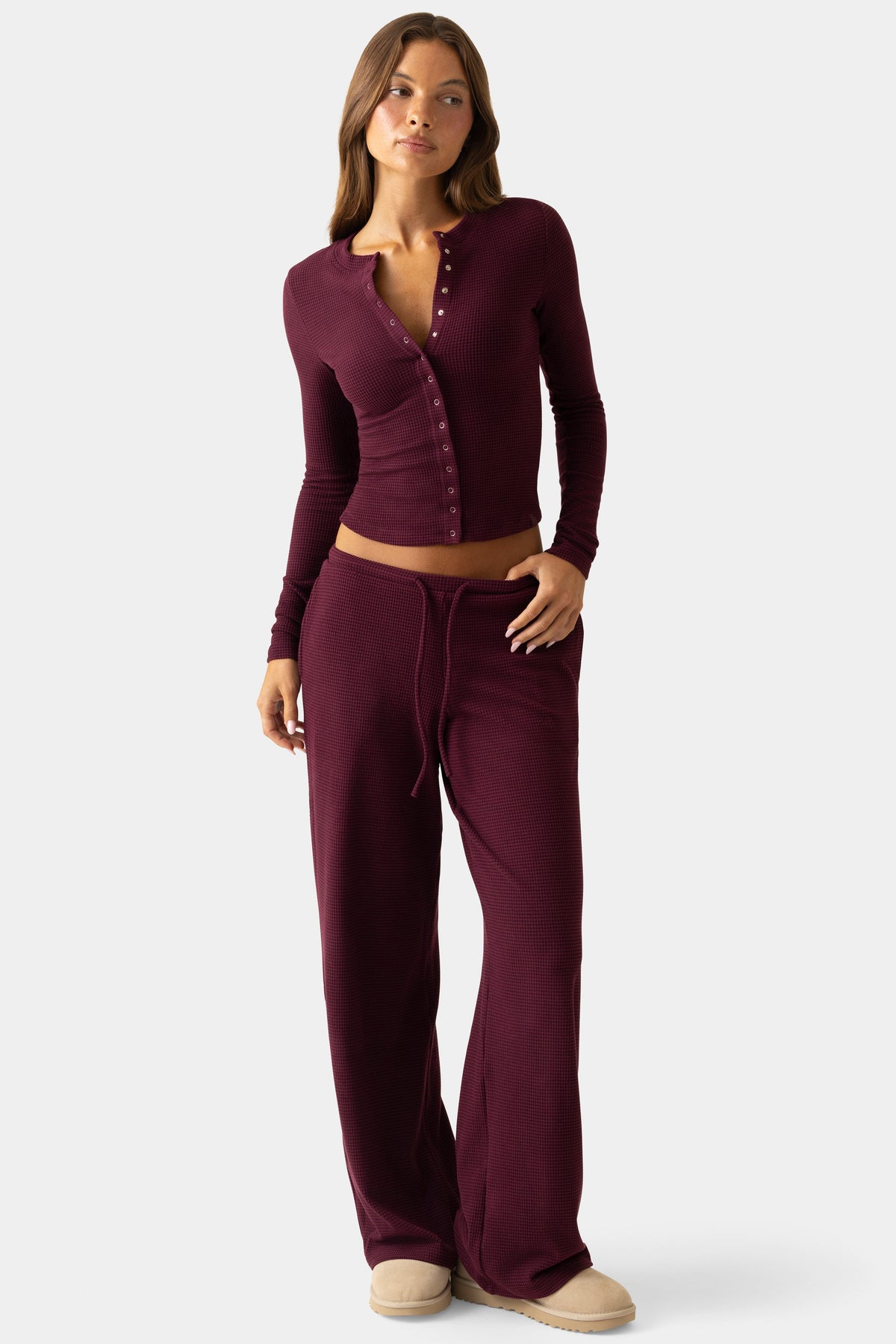 Women's Ribbed Jersey Crewneck Cardigan in Burgundy — Sweater