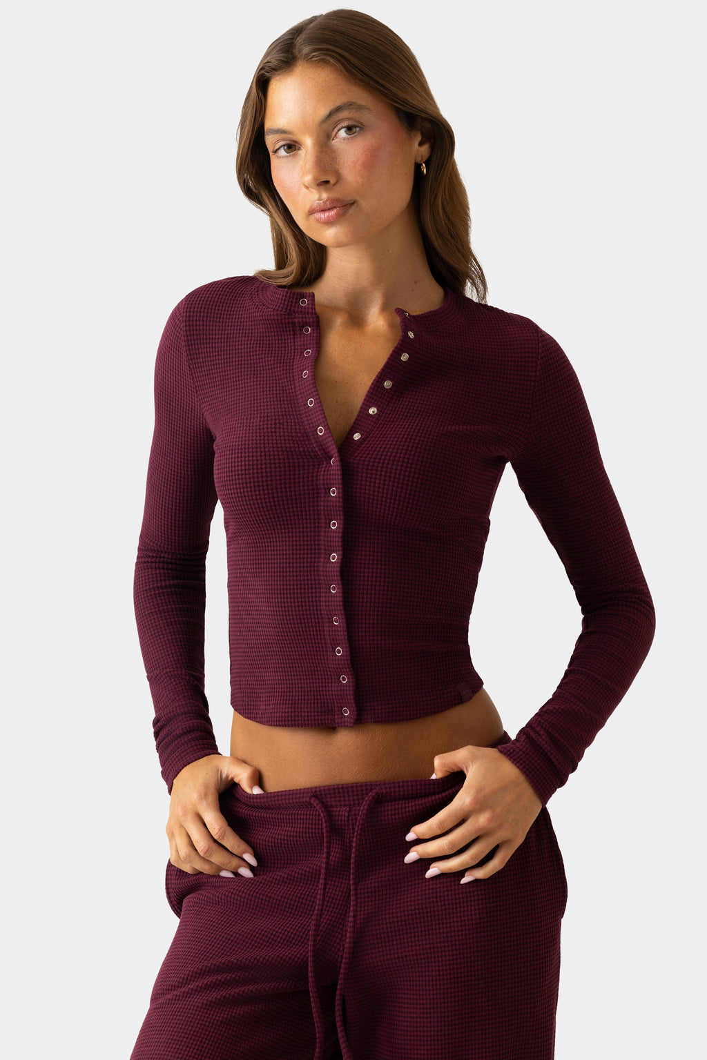 Women's Ribbed Jersey Crewneck Cardigan in Burgundy — Sweater