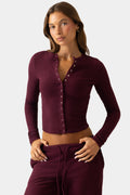 Women's Ribbed Jersey Crewneck Cardigan in Burgundy — Sweater