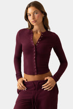 Women's Ribbed Jersey Crewneck Cardigan in Burgundy — Sweater