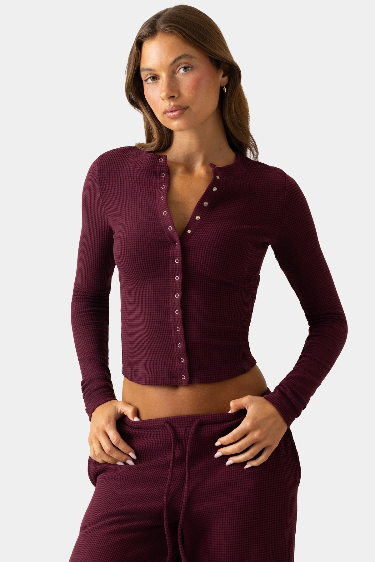 Women's Ribbed Jersey Crewneck Cardigan in Burgundy — Sweater