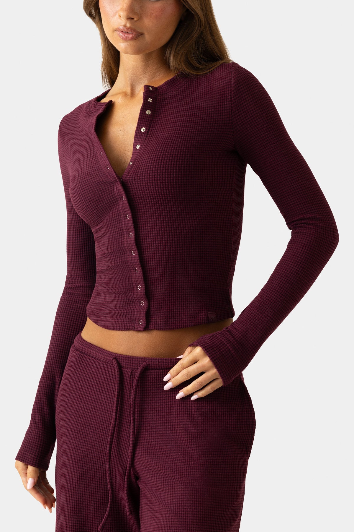 Women's Ribbed Jersey Crewneck Cardigan in Burgundy — Sweater