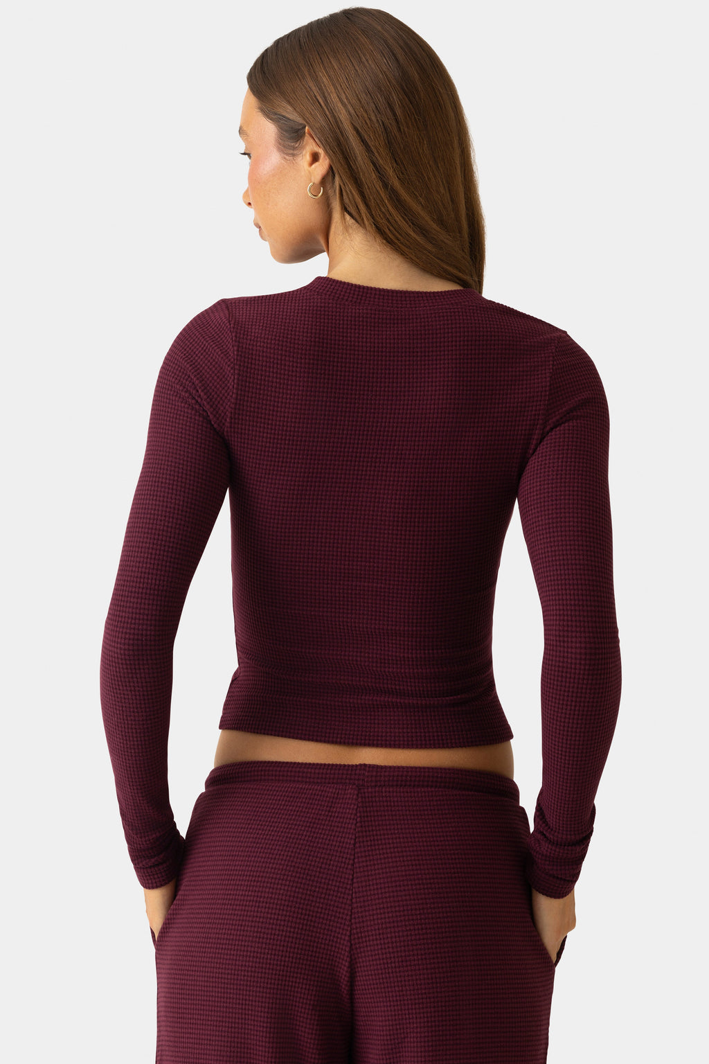 Women's Ribbed Jersey Crewneck Cardigan in Burgundy — Sweater