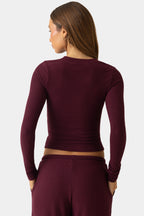 Women's Ribbed Jersey Crewneck Cardigan in Burgundy — Sweater