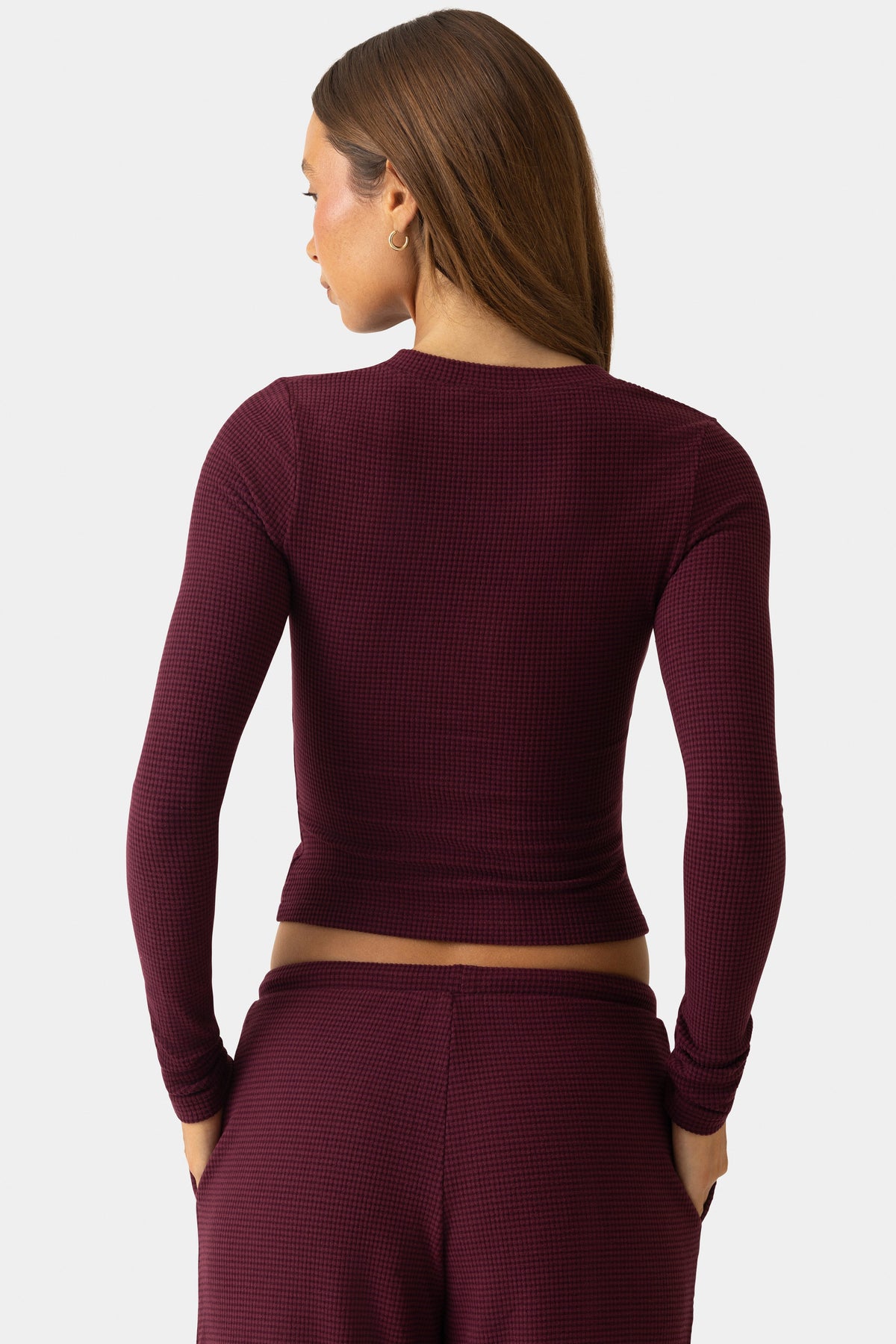 Women's Ribbed Jersey Crewneck Cardigan in Burgundy — Sweater