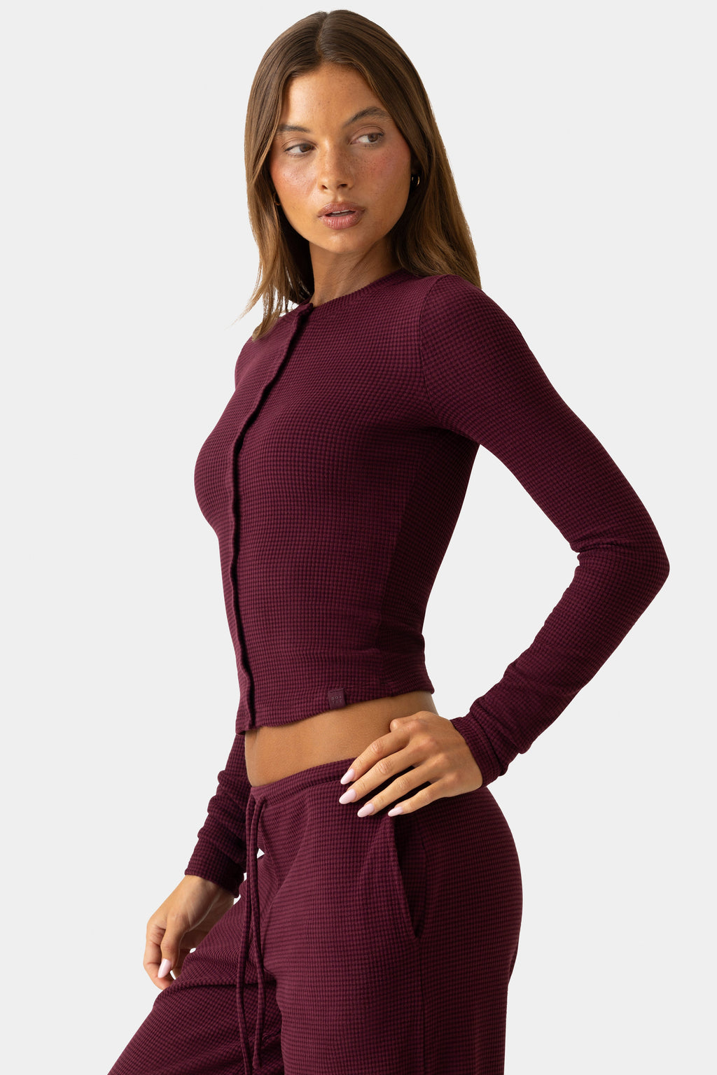 Women's Ribbed Jersey Crewneck Cardigan in Burgundy — Sweater