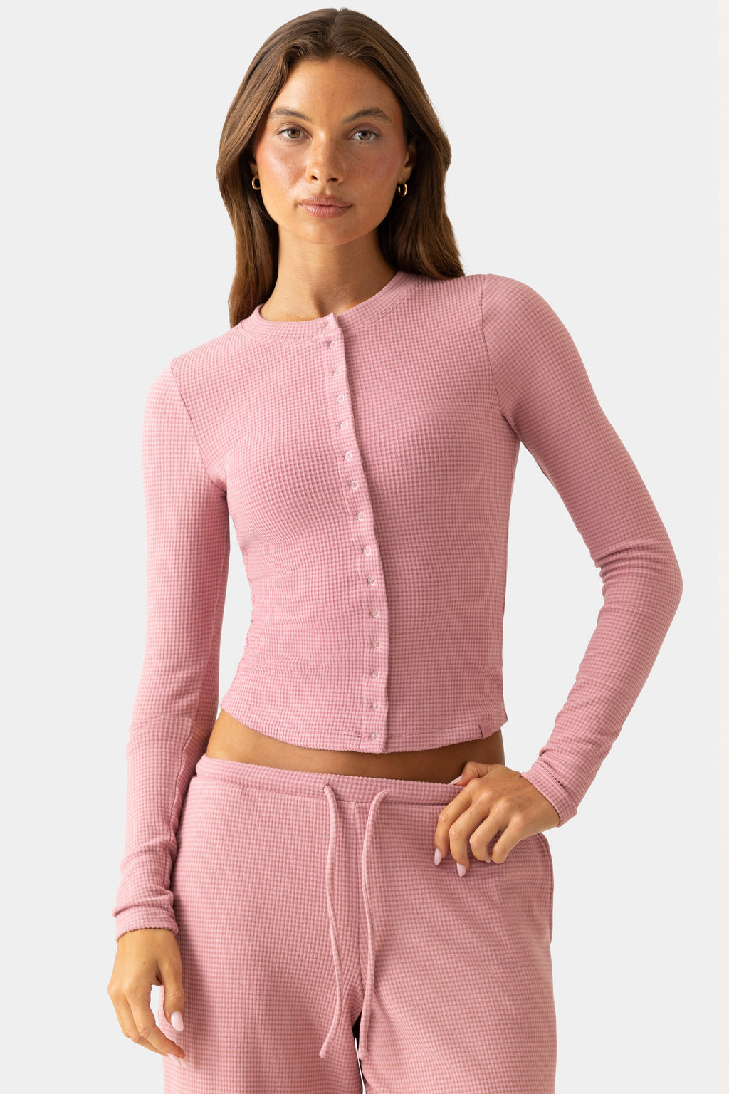 Women's Ribbed Jersey Crewneck Cardigan in Mauve — Sweater