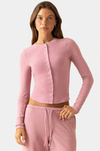 Women's Ribbed Jersey Crewneck Cardigan in Mauve — Sweater