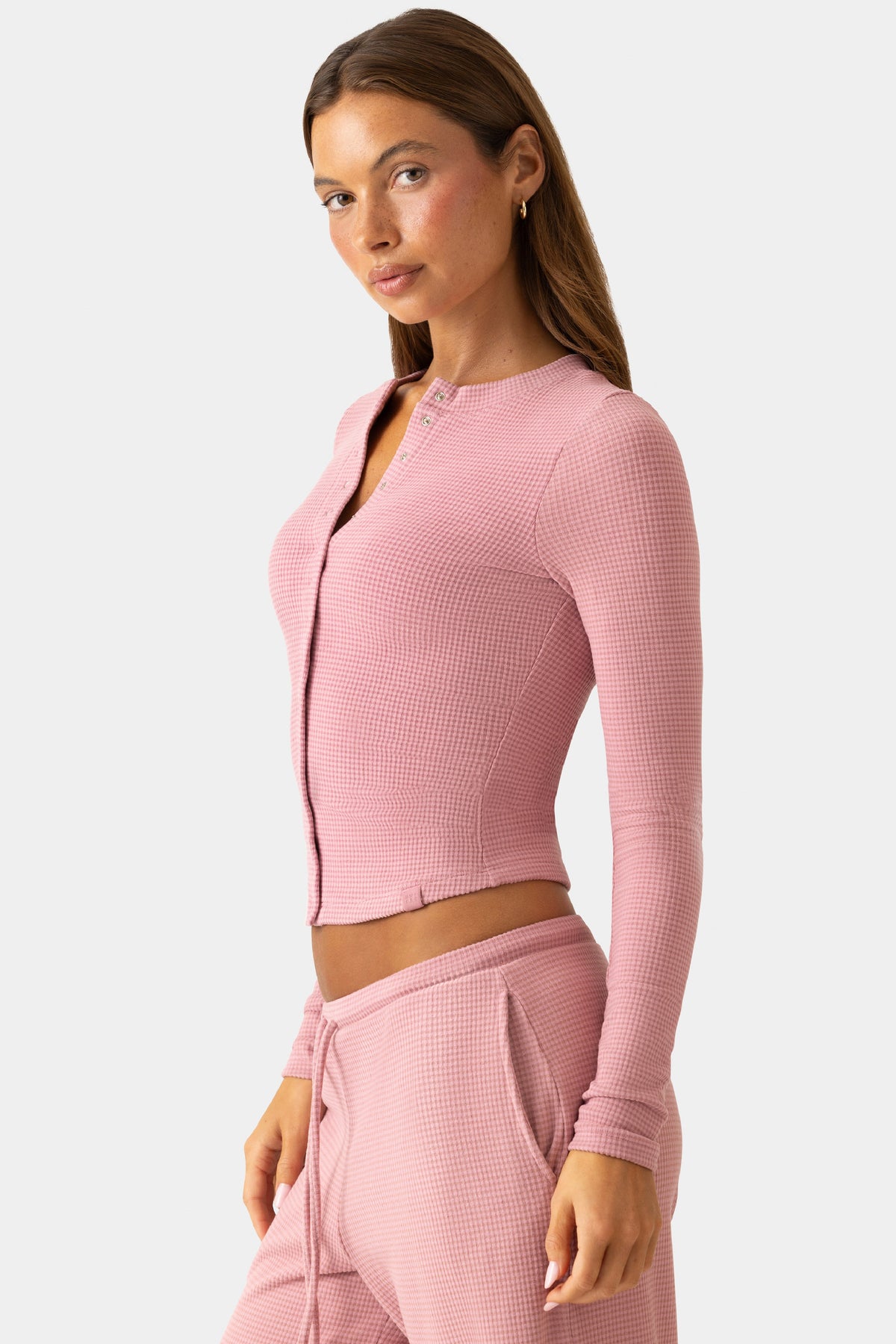 Women's Ribbed Jersey Crewneck Cardigan in Mauve — Sweater
