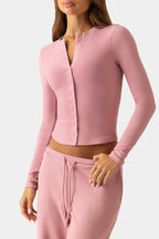 Women's Ribbed Jersey Crewneck Cardigan in Mauve — Sweater