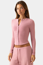 Women's Ribbed Jersey Crewneck Cardigan in Mauve — Sweater
