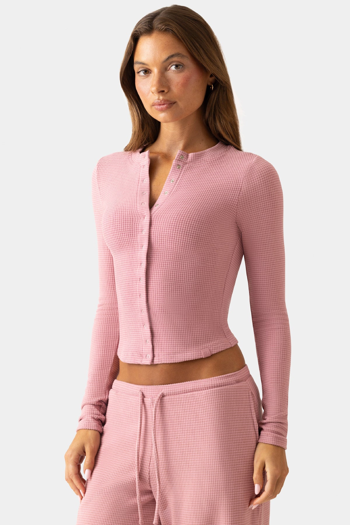 Women's Ribbed Jersey Crewneck Cardigan in Mauve — Sweater
