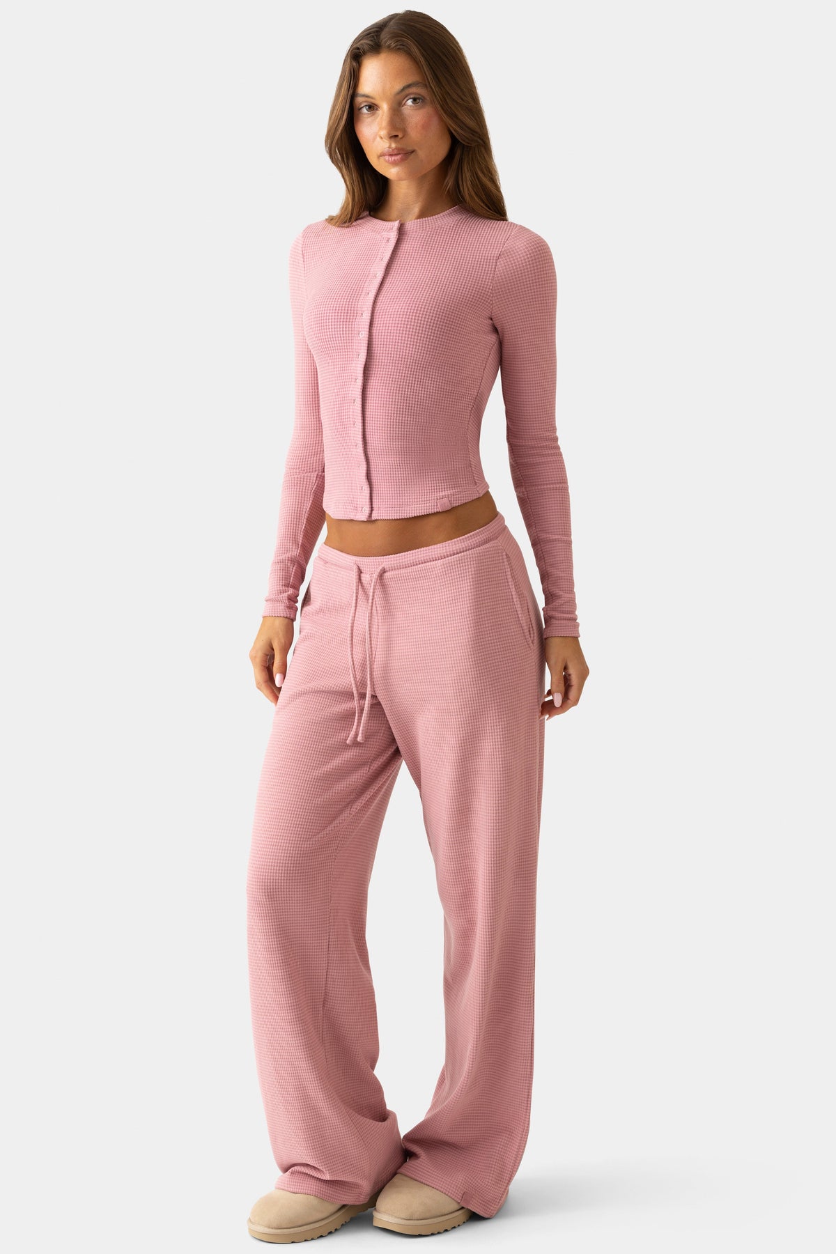 Women's Ribbed Jersey Crewneck Cardigan in Mauve — Sweater