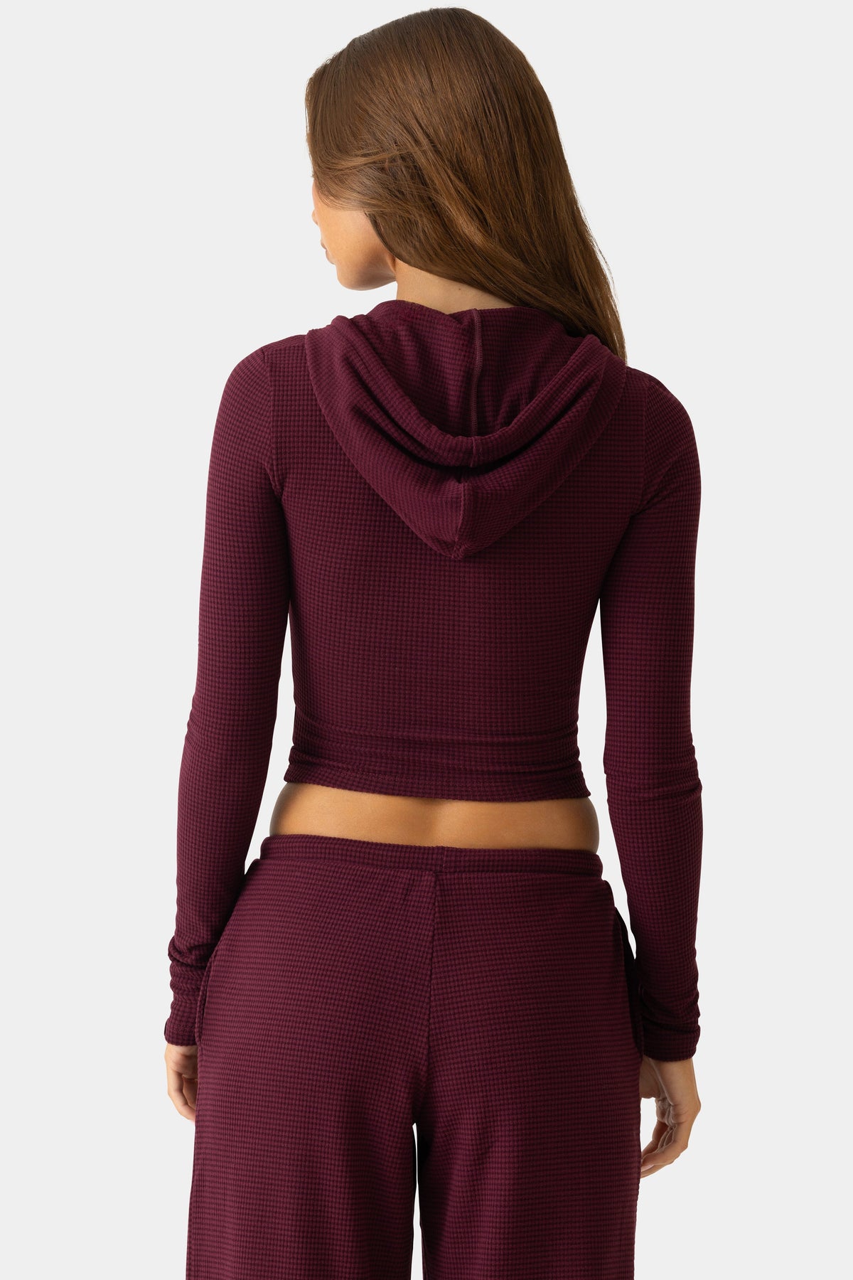Women's Ribbed Jersey Cropped Hoodie in Burgundy — Sweater