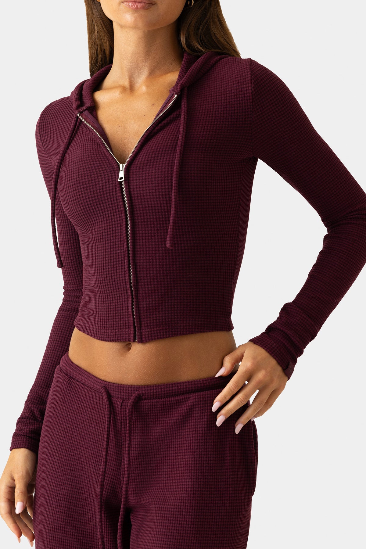 Women's Ribbed Jersey Cropped Hoodie in Burgundy — Sweater